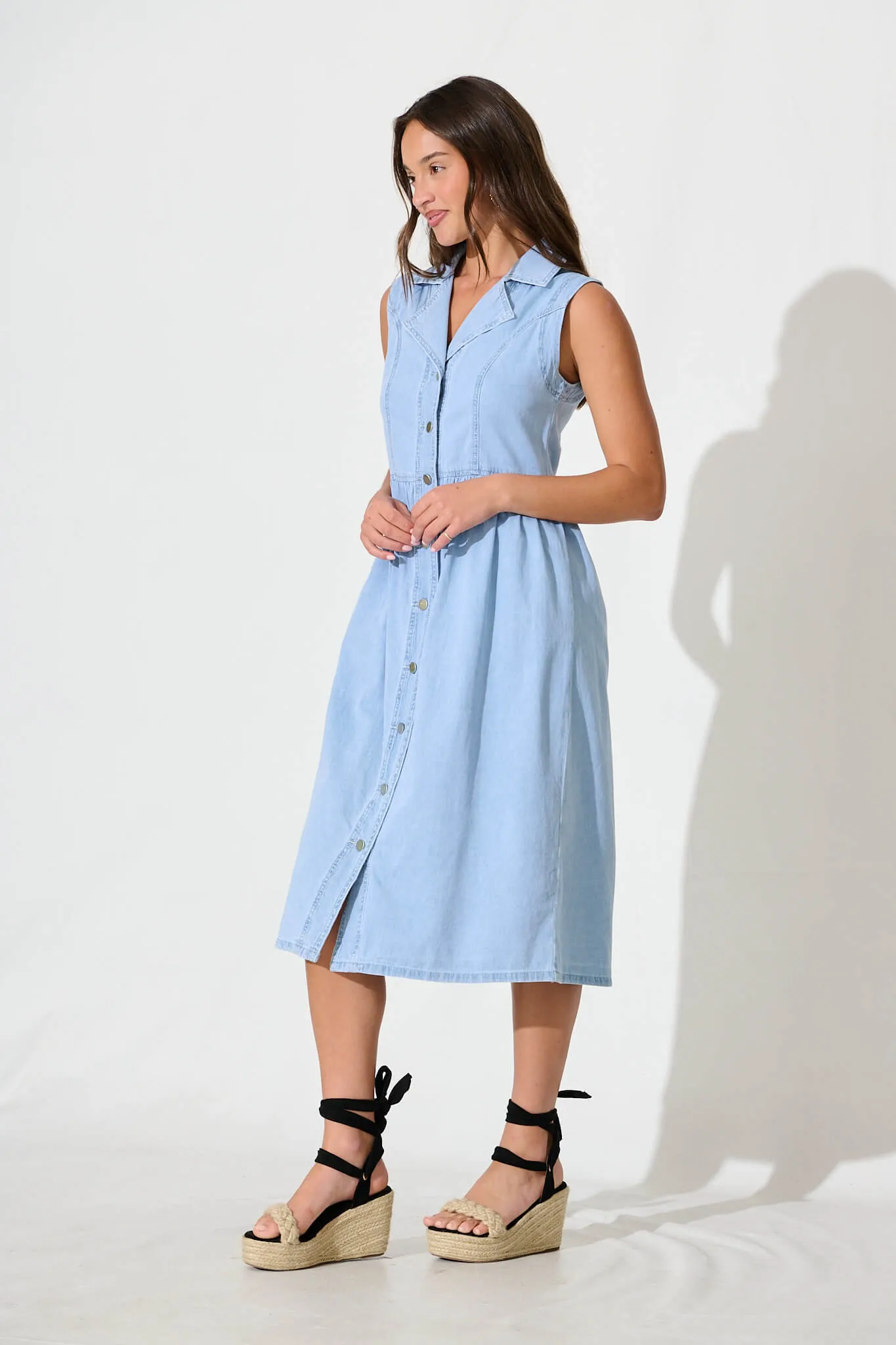 Light Blue Denim Midi Shirt Dress - Love