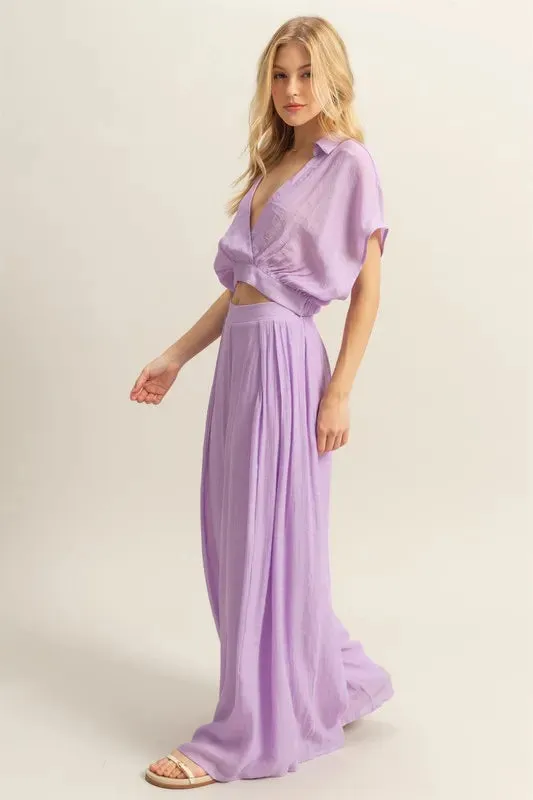 Lilac Kimono Sleeve Crop Top & Wide Leg Pants Set
