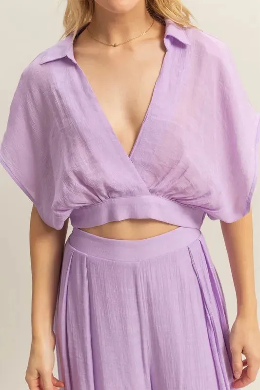 Lilac Kimono Sleeve Crop Top & Wide Leg Pants Set