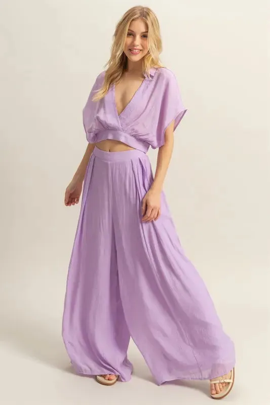 Lilac Kimono Sleeve Crop Top & Wide Leg Pants Set