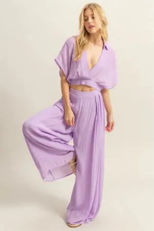 Lilac Kimono Sleeve Crop Top & Wide Leg Pants Set