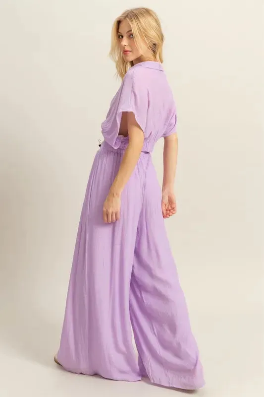 Lilac Kimono Sleeve Crop Top & Wide Leg Pants Set