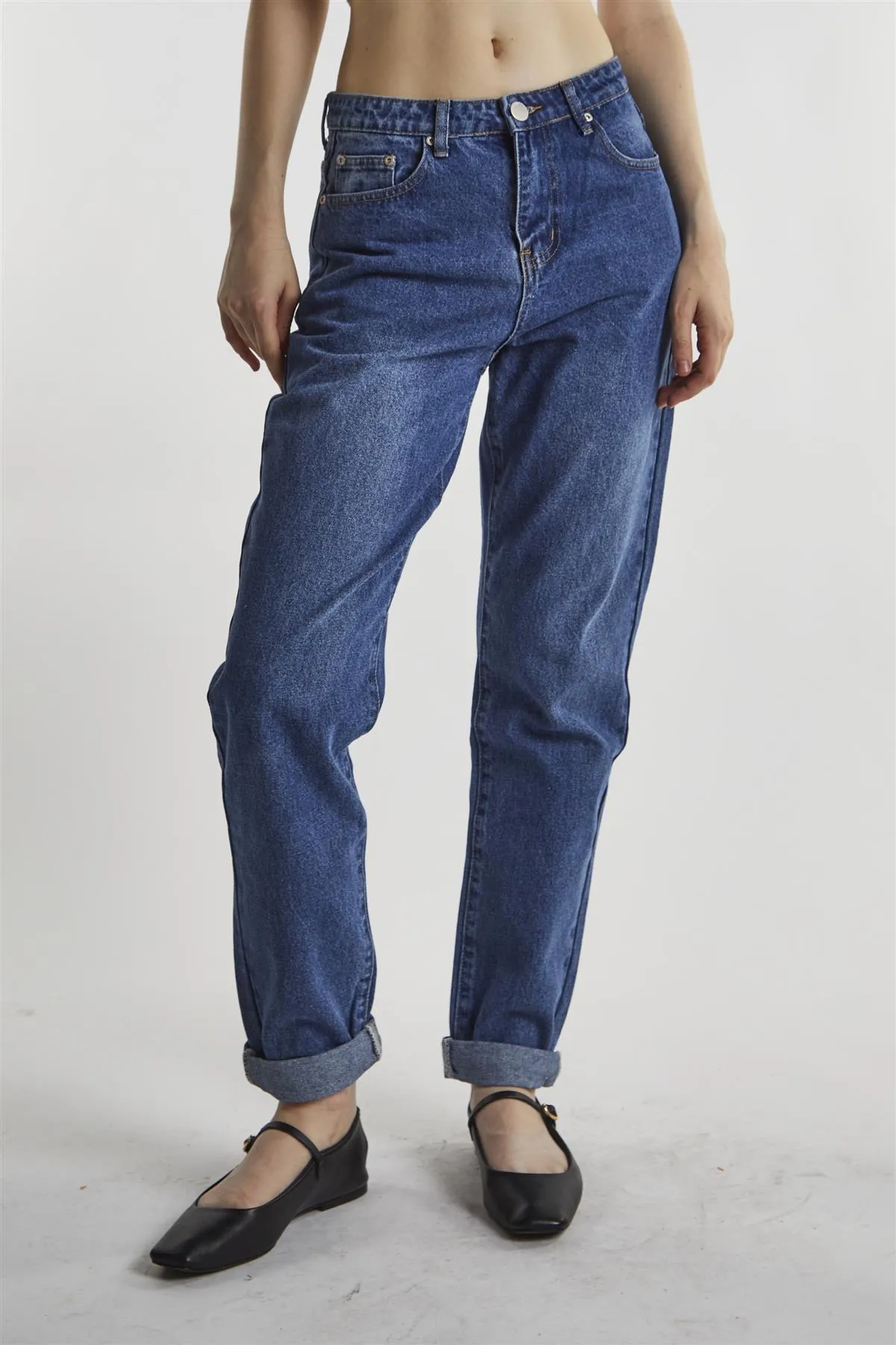 Mid-Stonewash Low-Rise Mom-Jeans