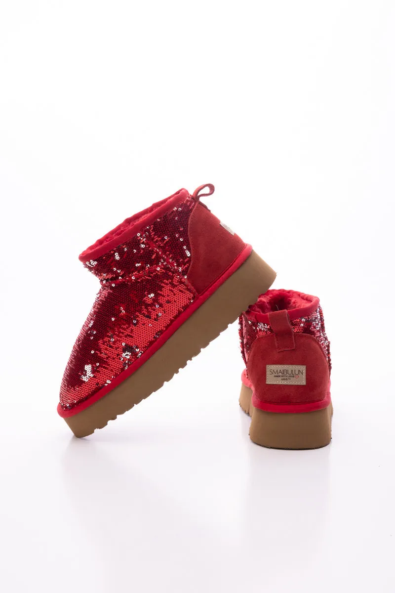 Mini Glitter Low Ankle Platform Boots - Red