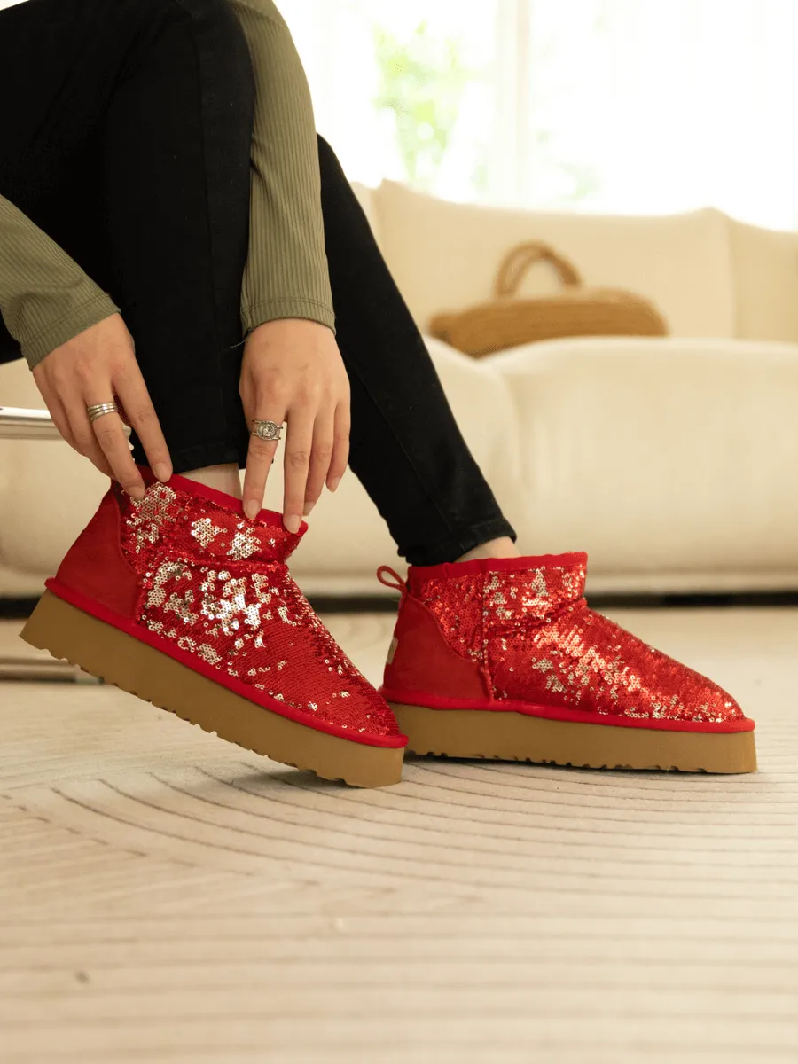 Mini Glitter Low Ankle Platform Boots - Red