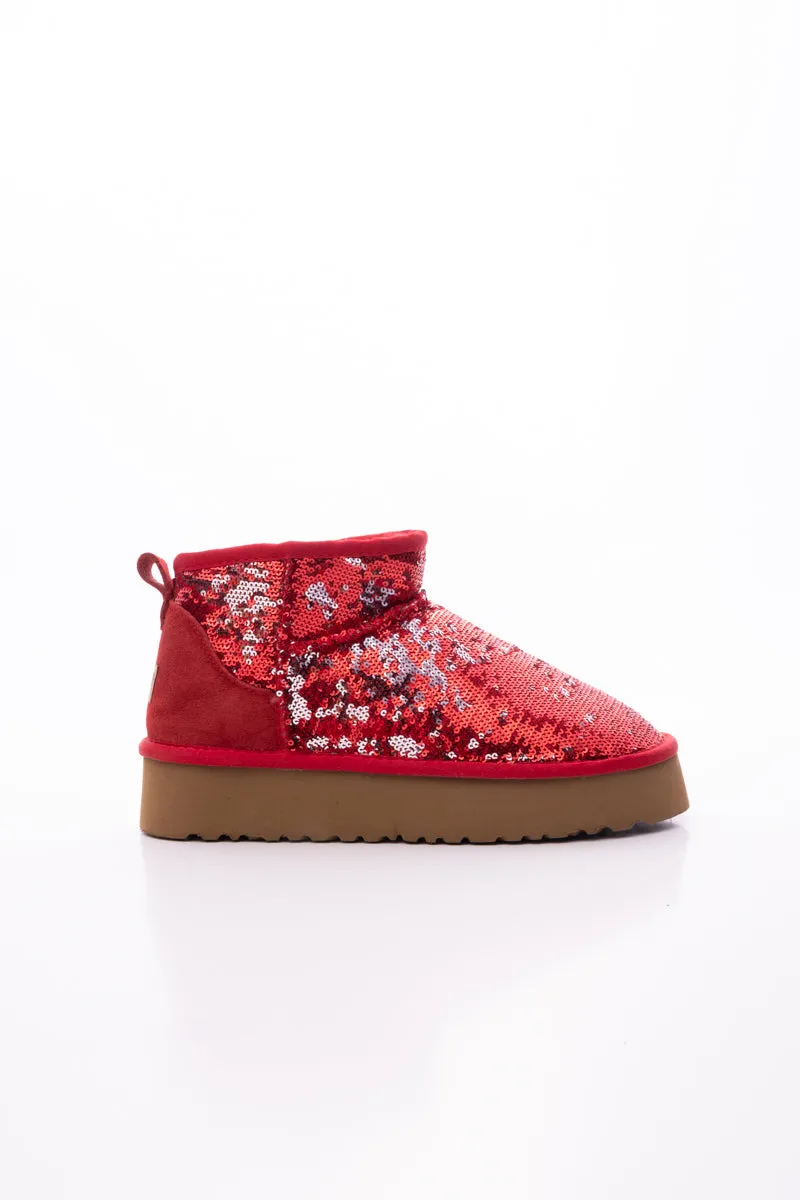 Mini Glitter Low Ankle Platform Boots - Red