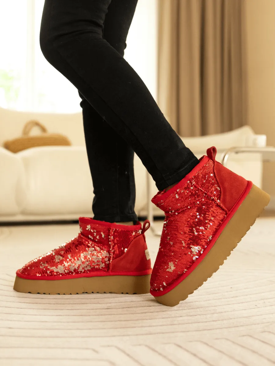 Mini Glitter Low Ankle Platform Boots - Red