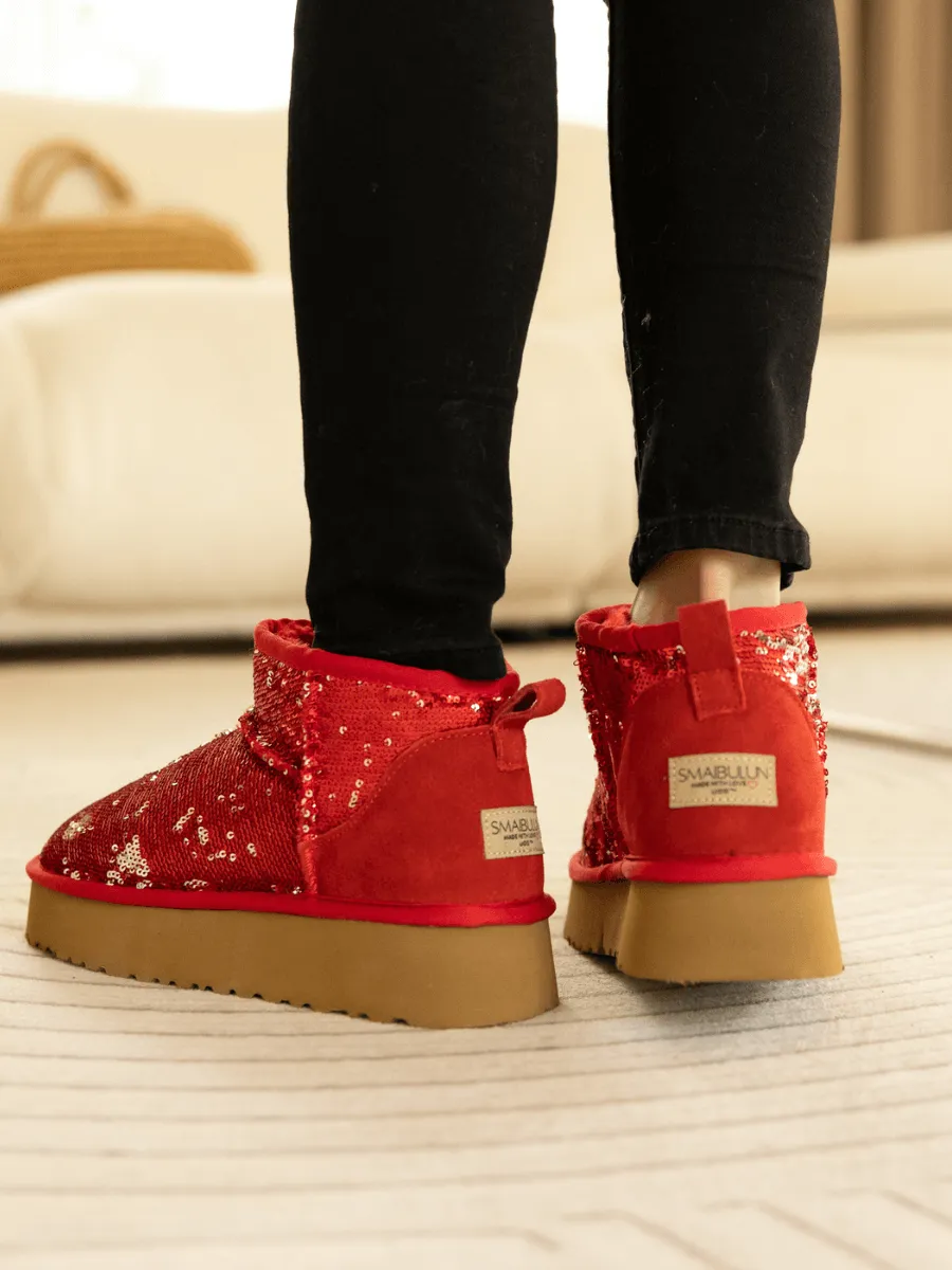 Mini Glitter Low Ankle Platform Boots - Red