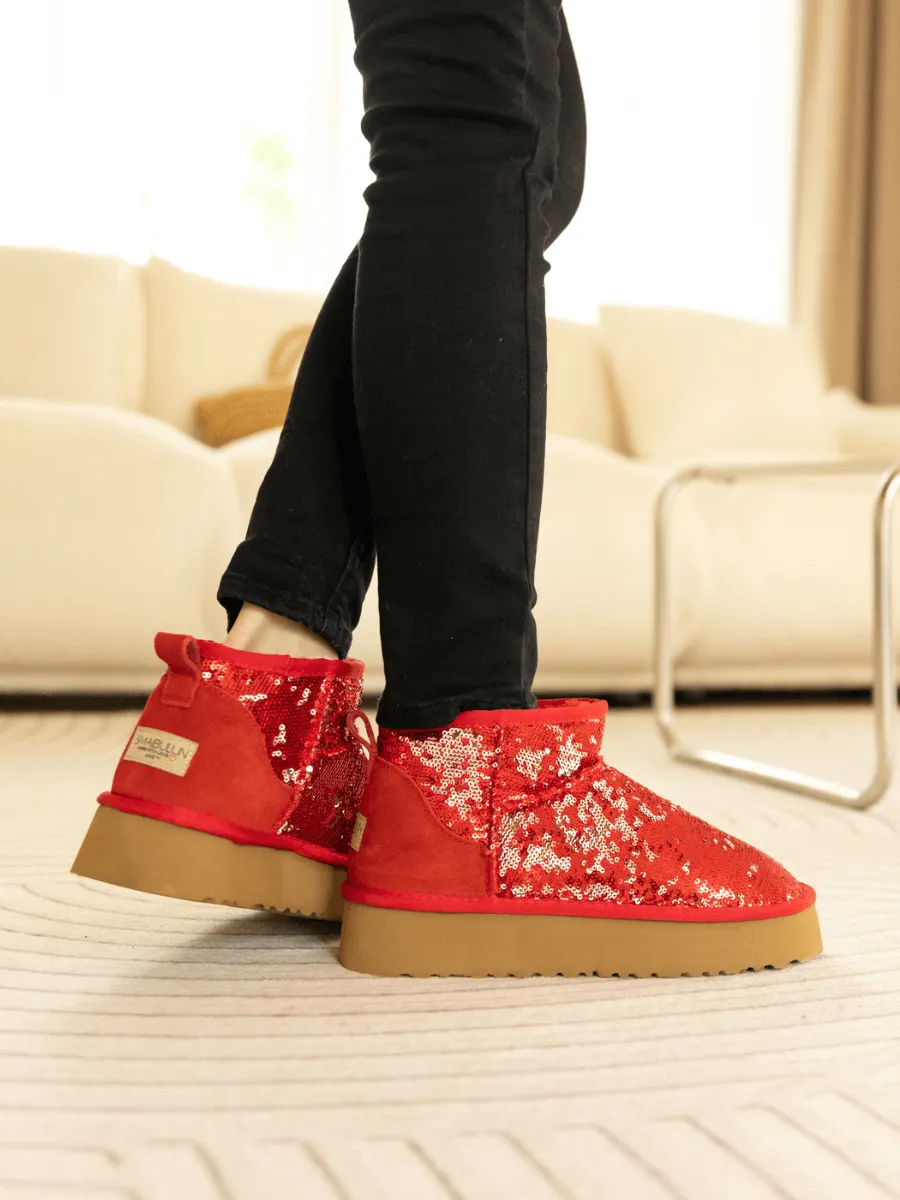 Mini Glitter Low Ankle Platform Boots - Red
