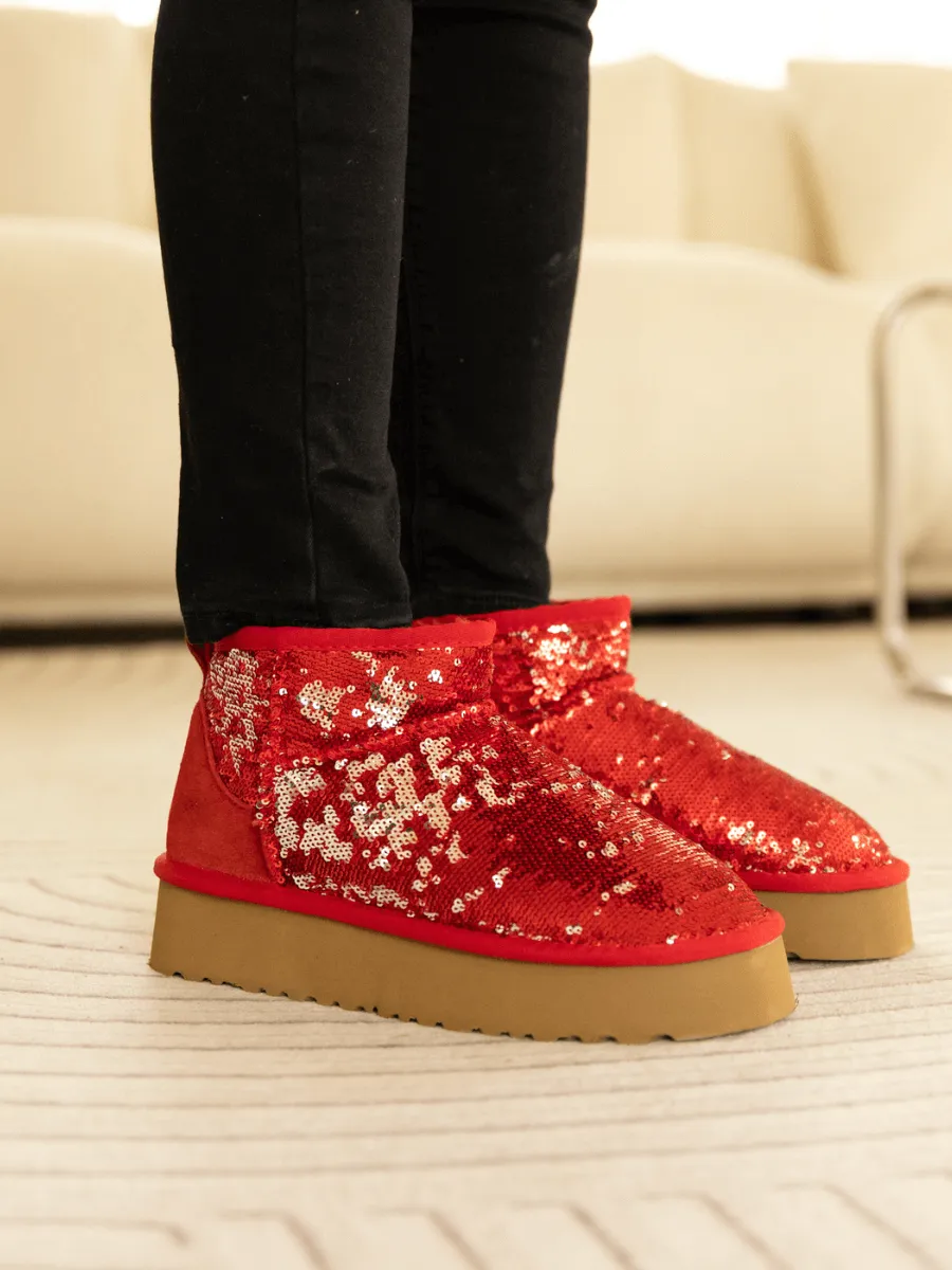 Mini Glitter Low Ankle Platform Boots - Red