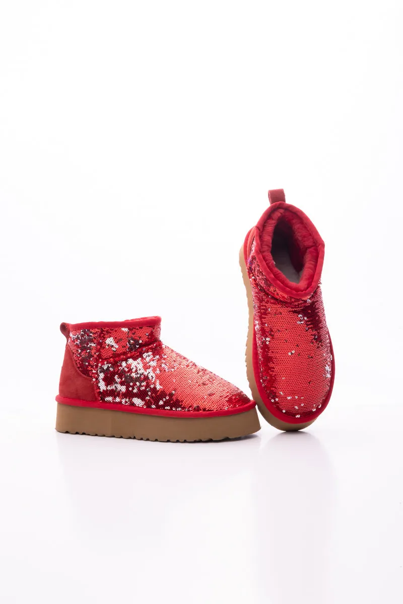 Mini Glitter Low Ankle Platform Boots - Red