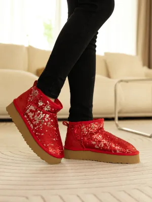 Mini Glitter Low Ankle Platform Boots - Red