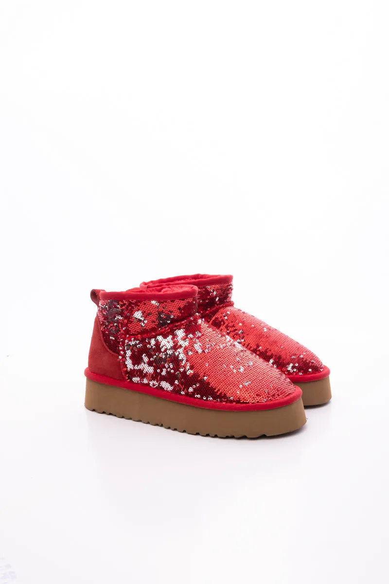 Mini Glitter Low Ankle Platform Boots - Red