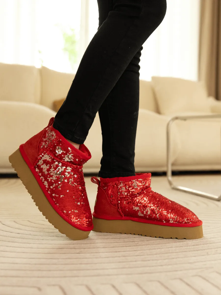 Mini Glitter Low Ankle Platform Boots - Red