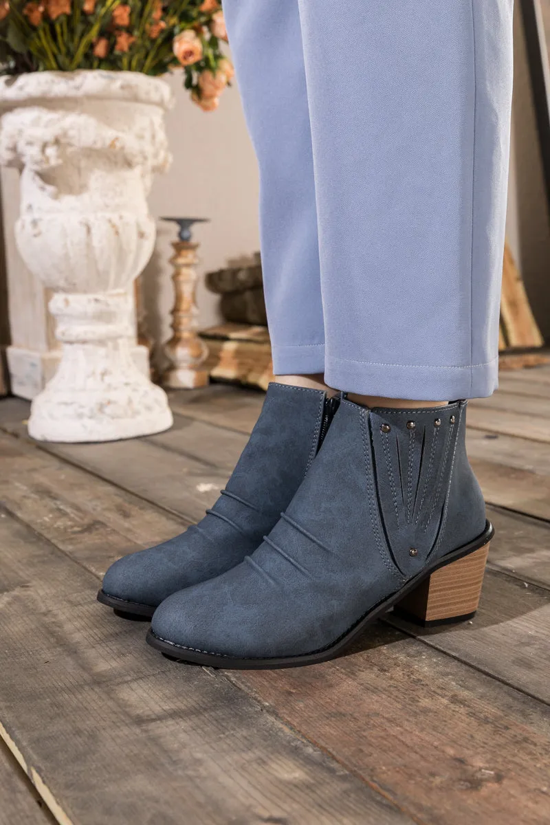 Navy Ruched Low Ankle Boots