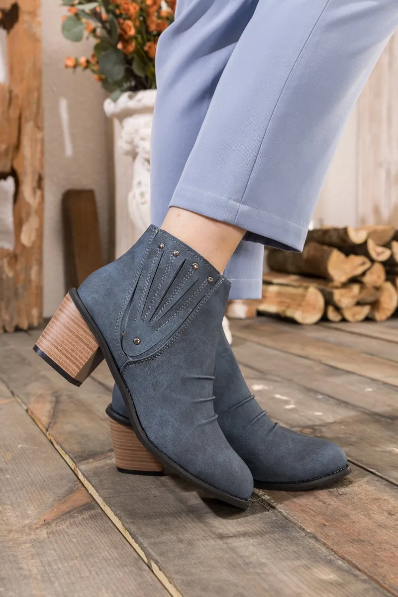 Navy Ruched Low Ankle Boots