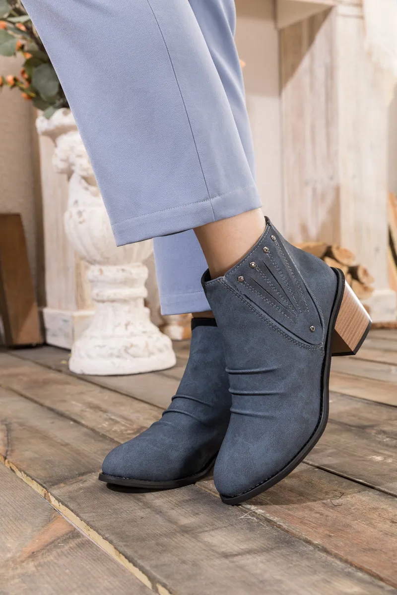 Navy Ruched Low Ankle Boots