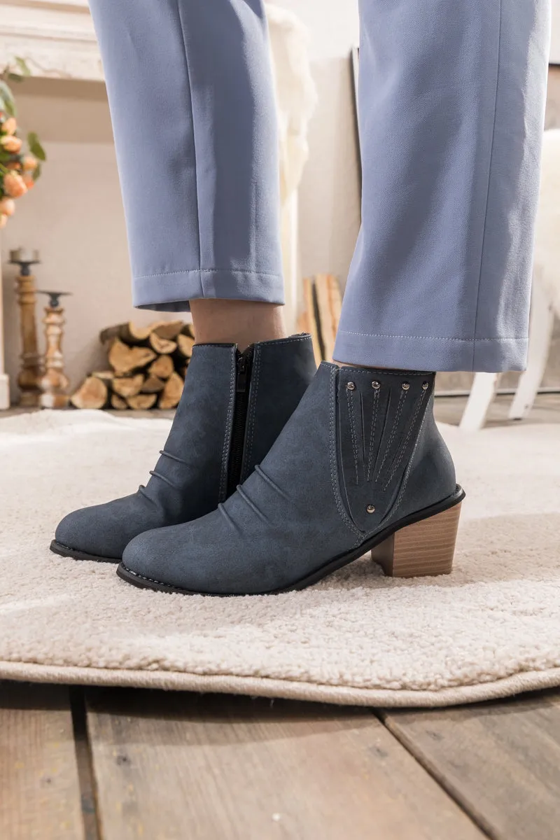 Navy Ruched Low Ankle Boots