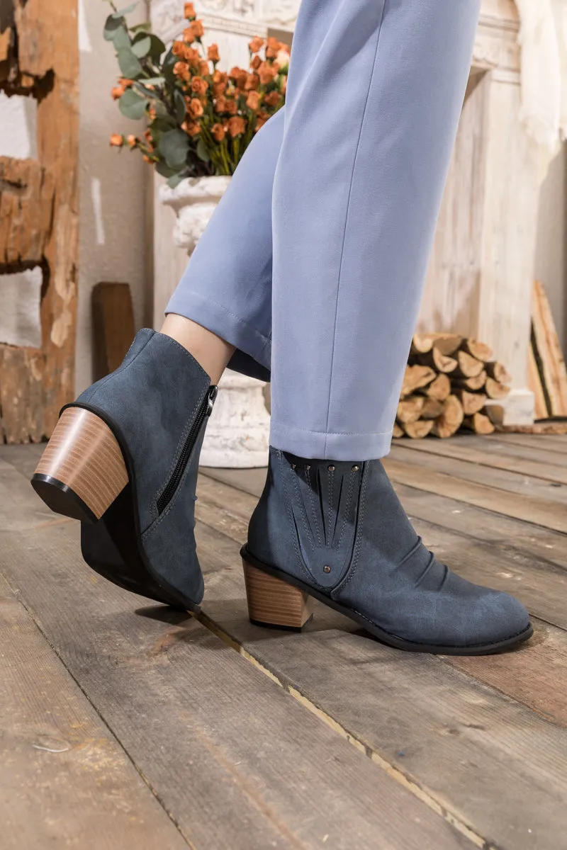 Navy Ruched Low Ankle Boots