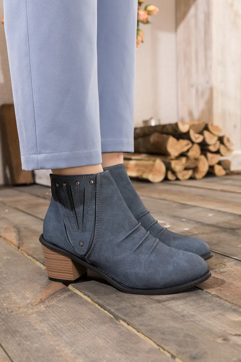 Navy Ruched Low Ankle Boots