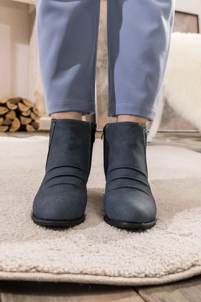 Navy Ruched Low Ankle Boots