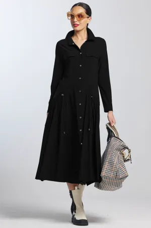 PAULA RYAN Drawcord Shirt Dress - Black Microjersey
