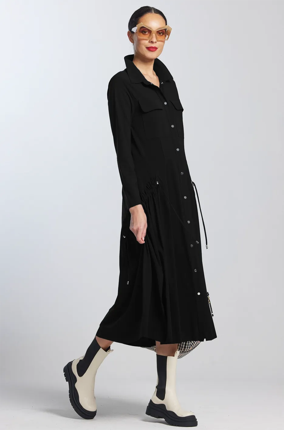 PAULA RYAN Drawcord Shirt Dress - Black Microjersey