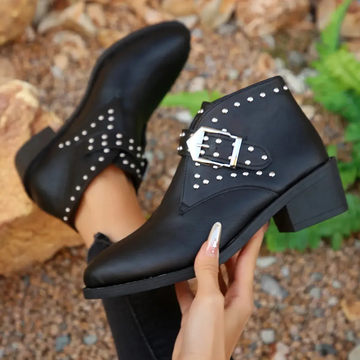 'Peridot' Studded Buckle Ankle Boots