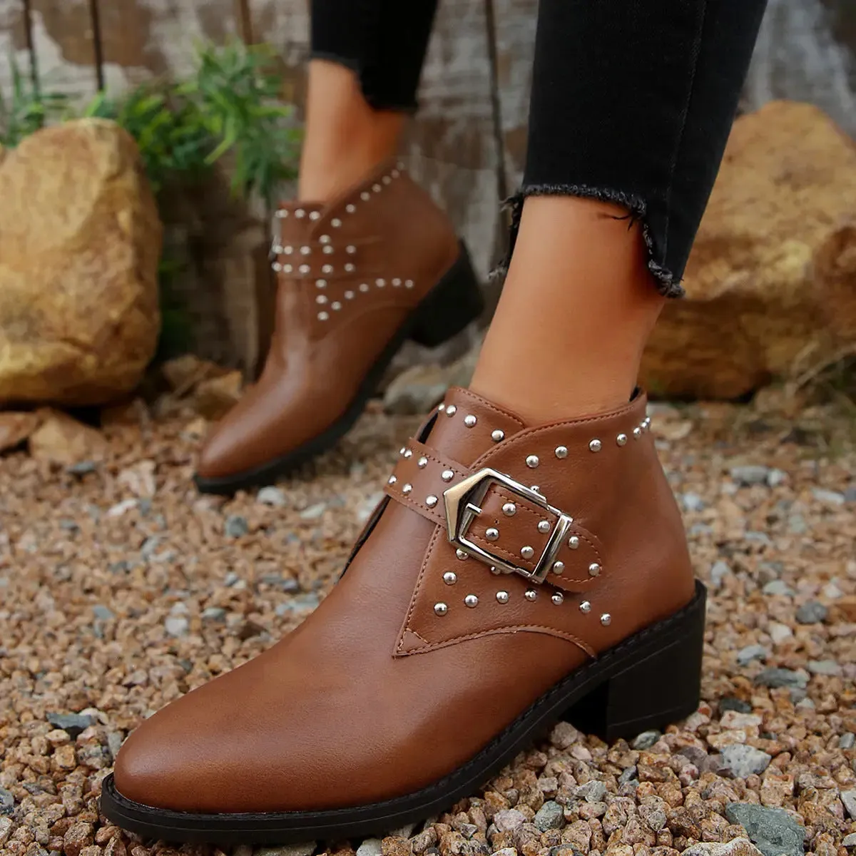 'Peridot' Studded Buckle Ankle Boots