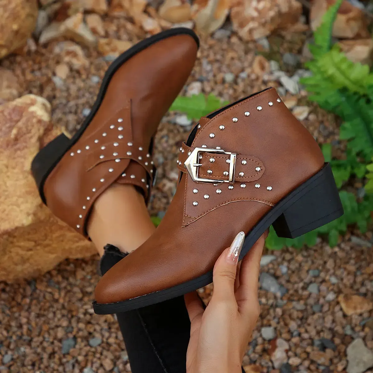 'Peridot' Studded Buckle Ankle Boots