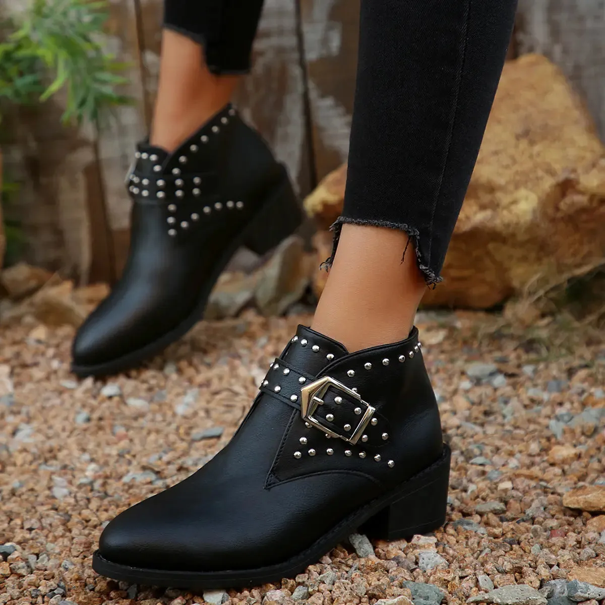 'Peridot' Studded Buckle Ankle Boots