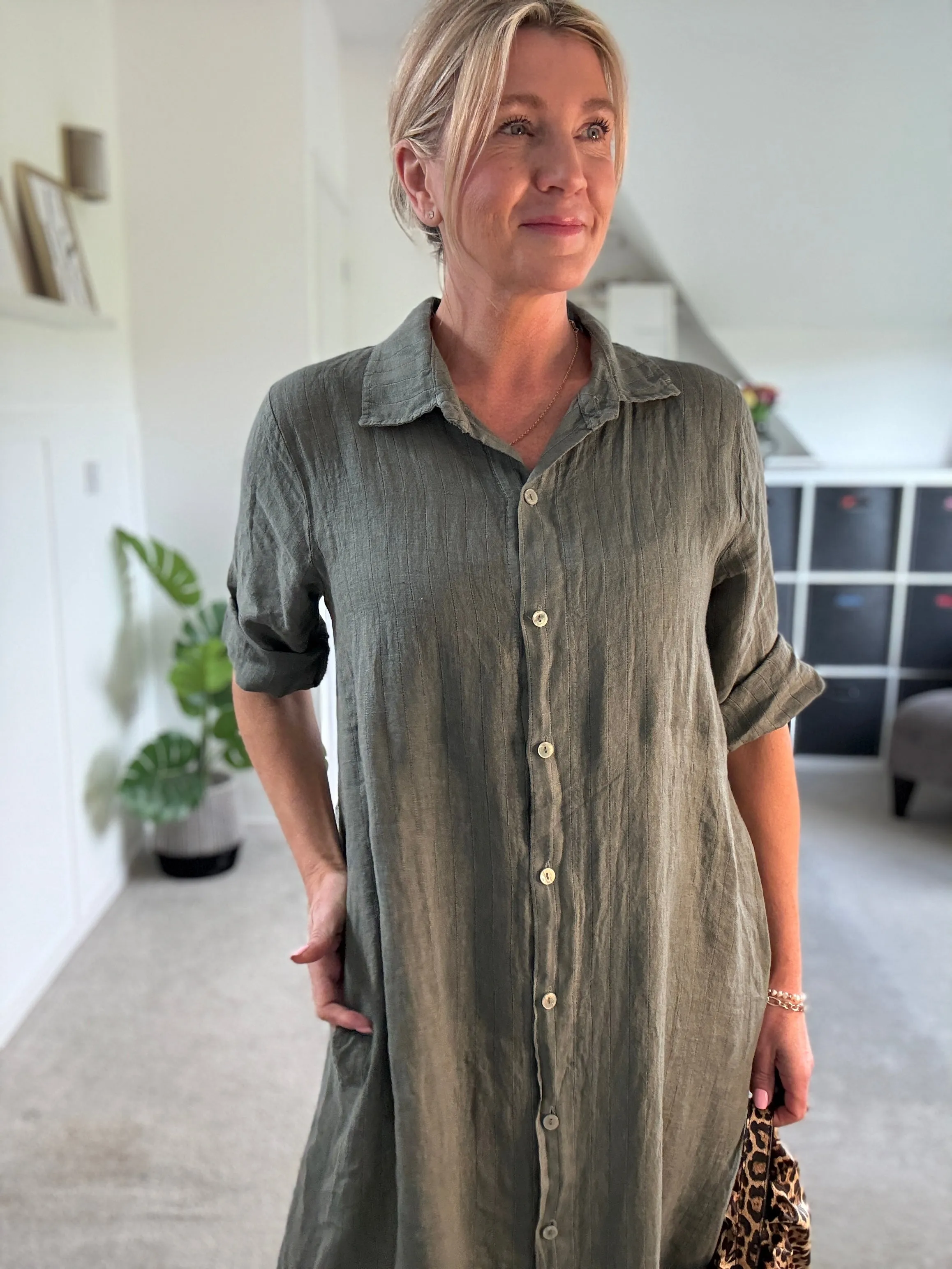 Pink Pinstripe Linen Shirt Dress