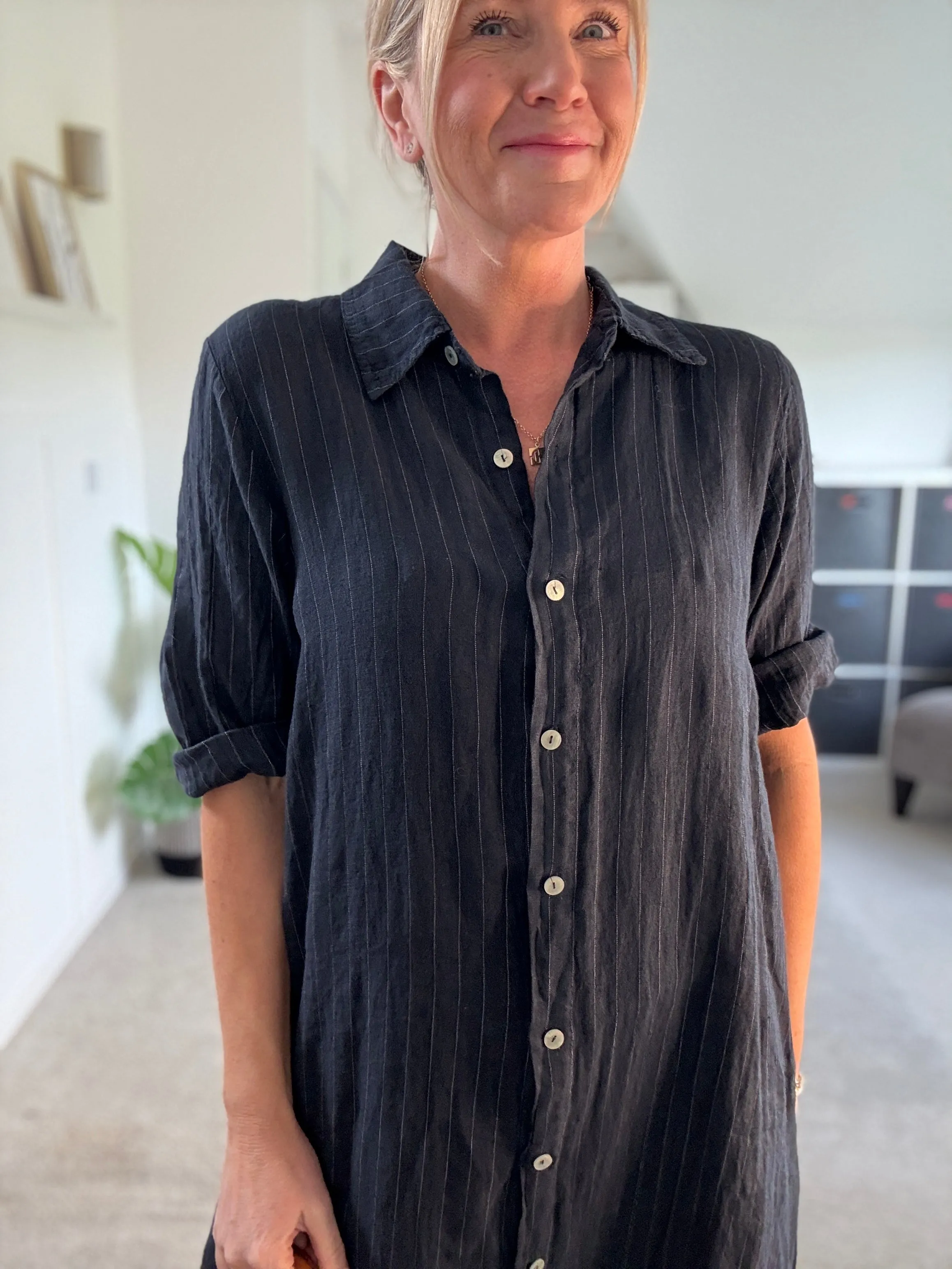 Pink Pinstripe Linen Shirt Dress