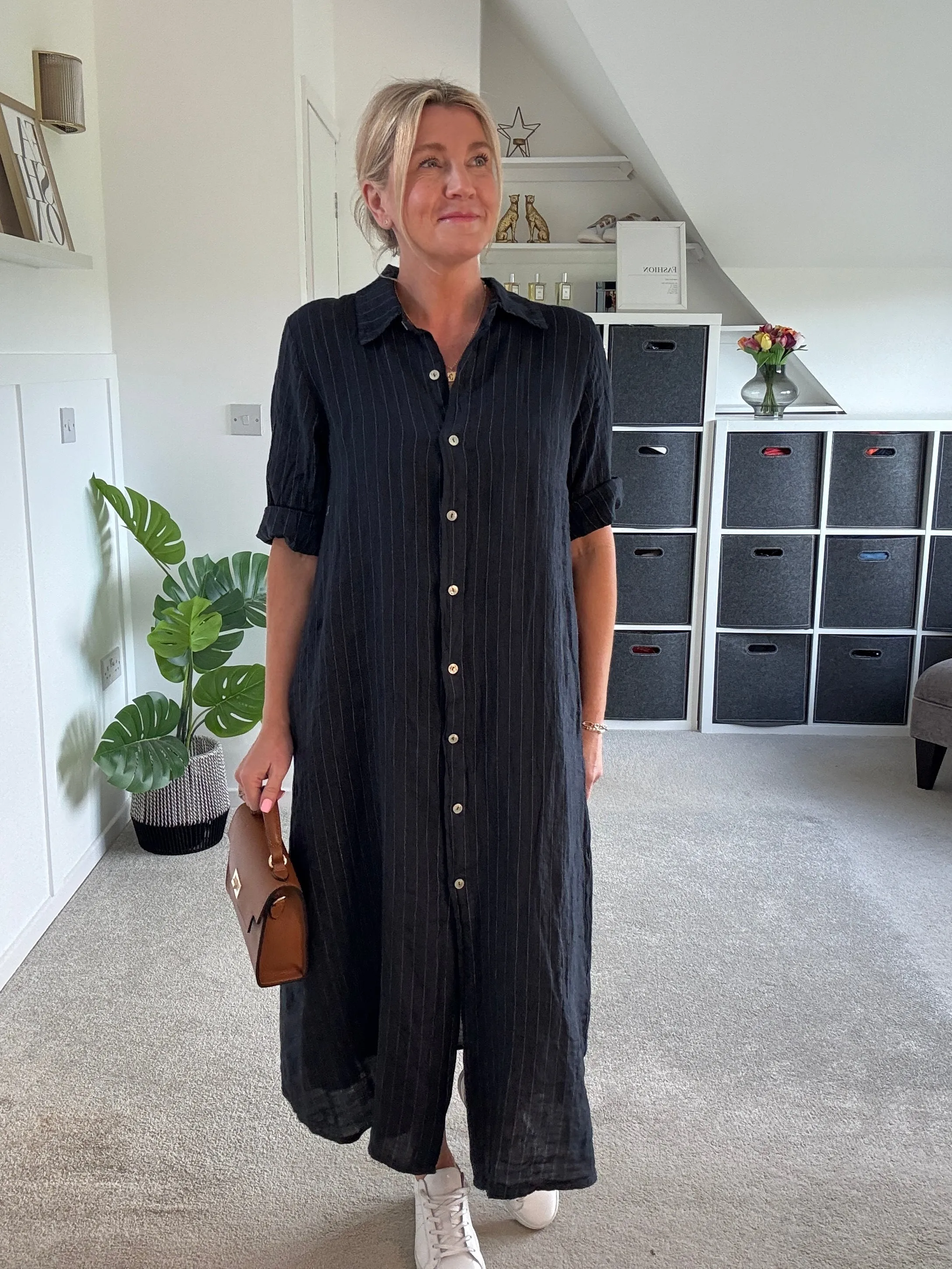 Pink Pinstripe Linen Shirt Dress