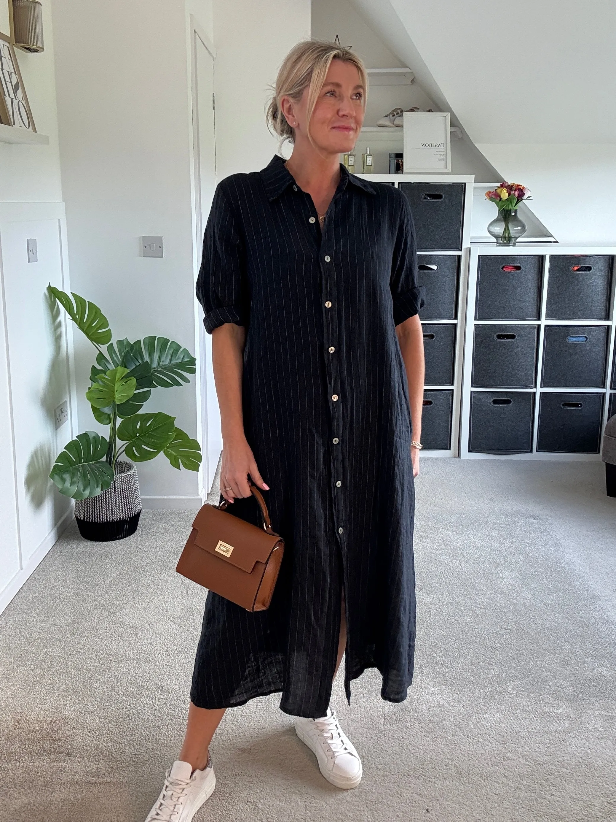 Pink Pinstripe Linen Shirt Dress