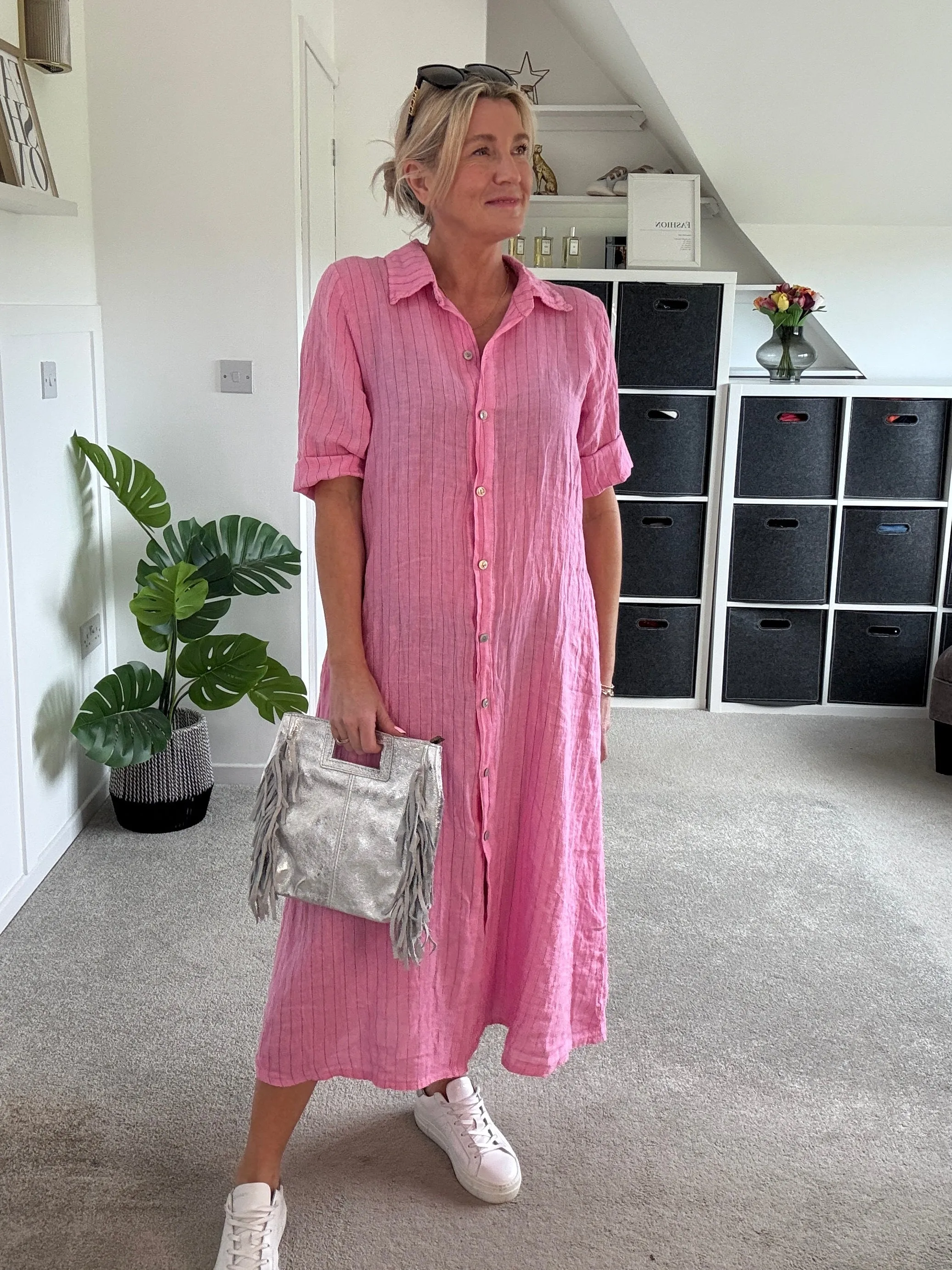 Pink Pinstripe Linen Shirt Dress