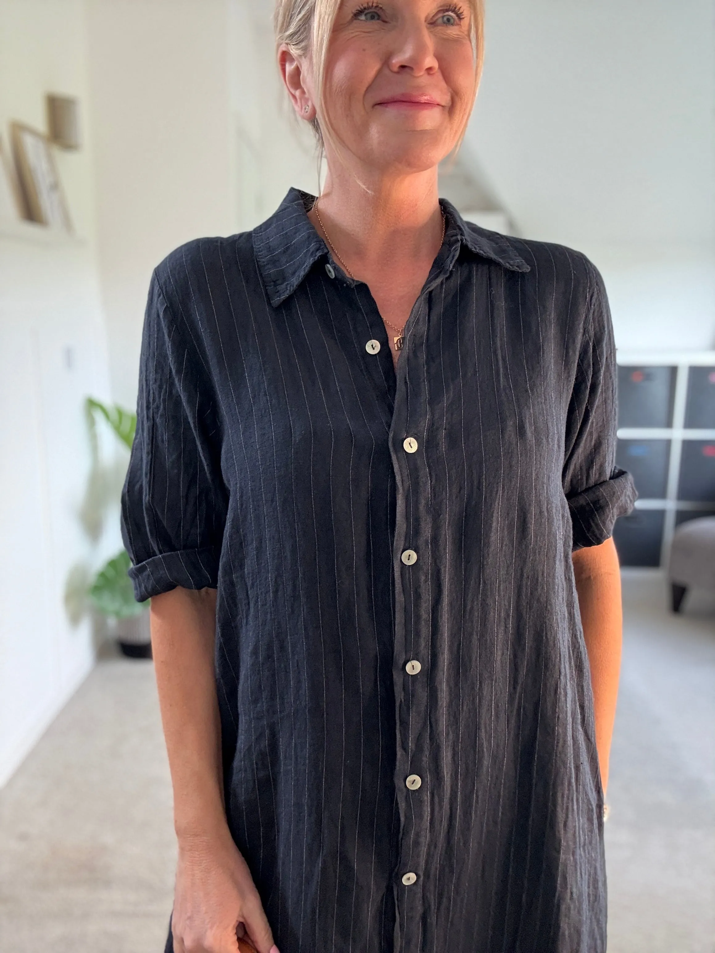 Pink Pinstripe Linen Shirt Dress