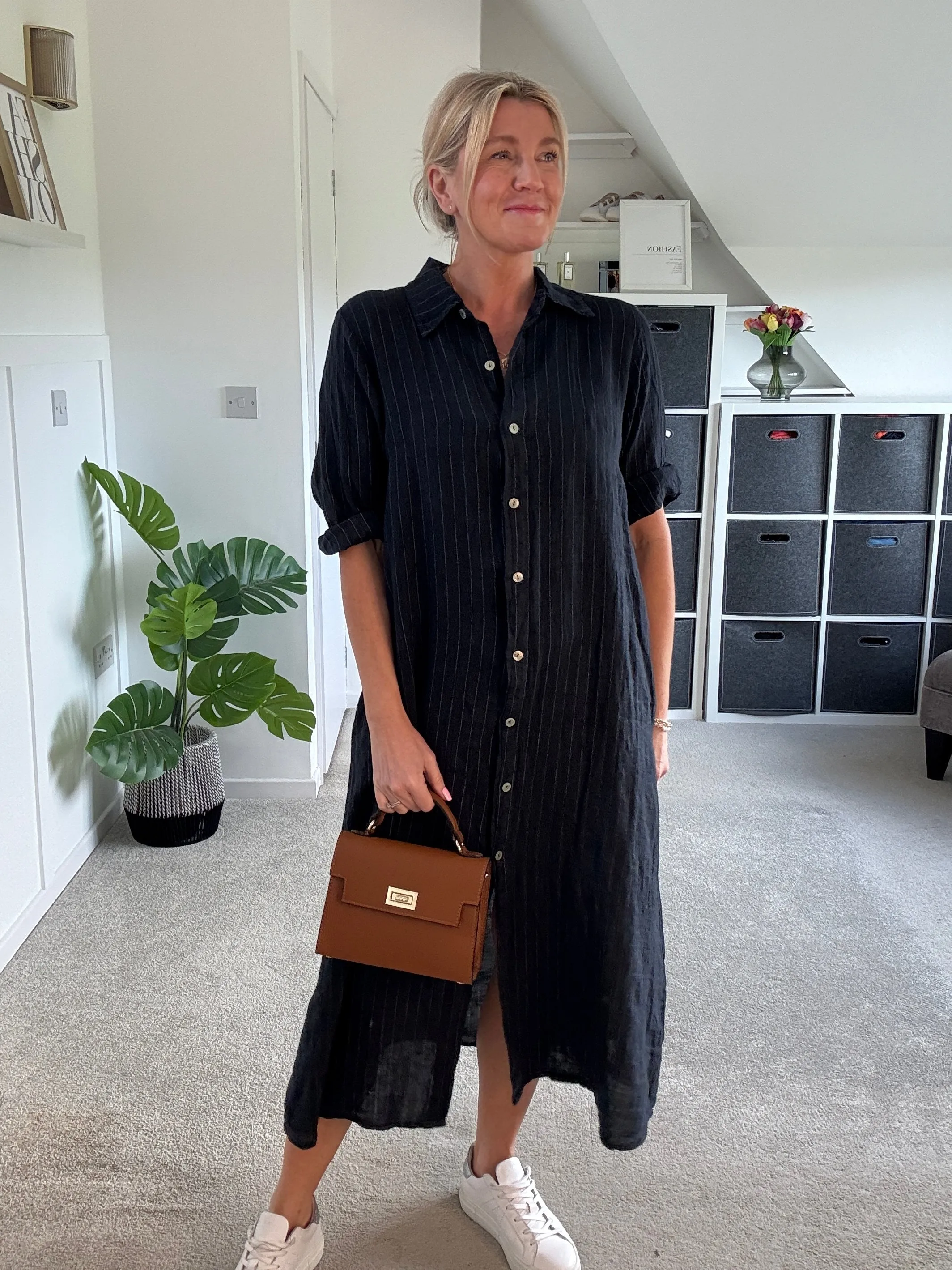 Pink Pinstripe Linen Shirt Dress