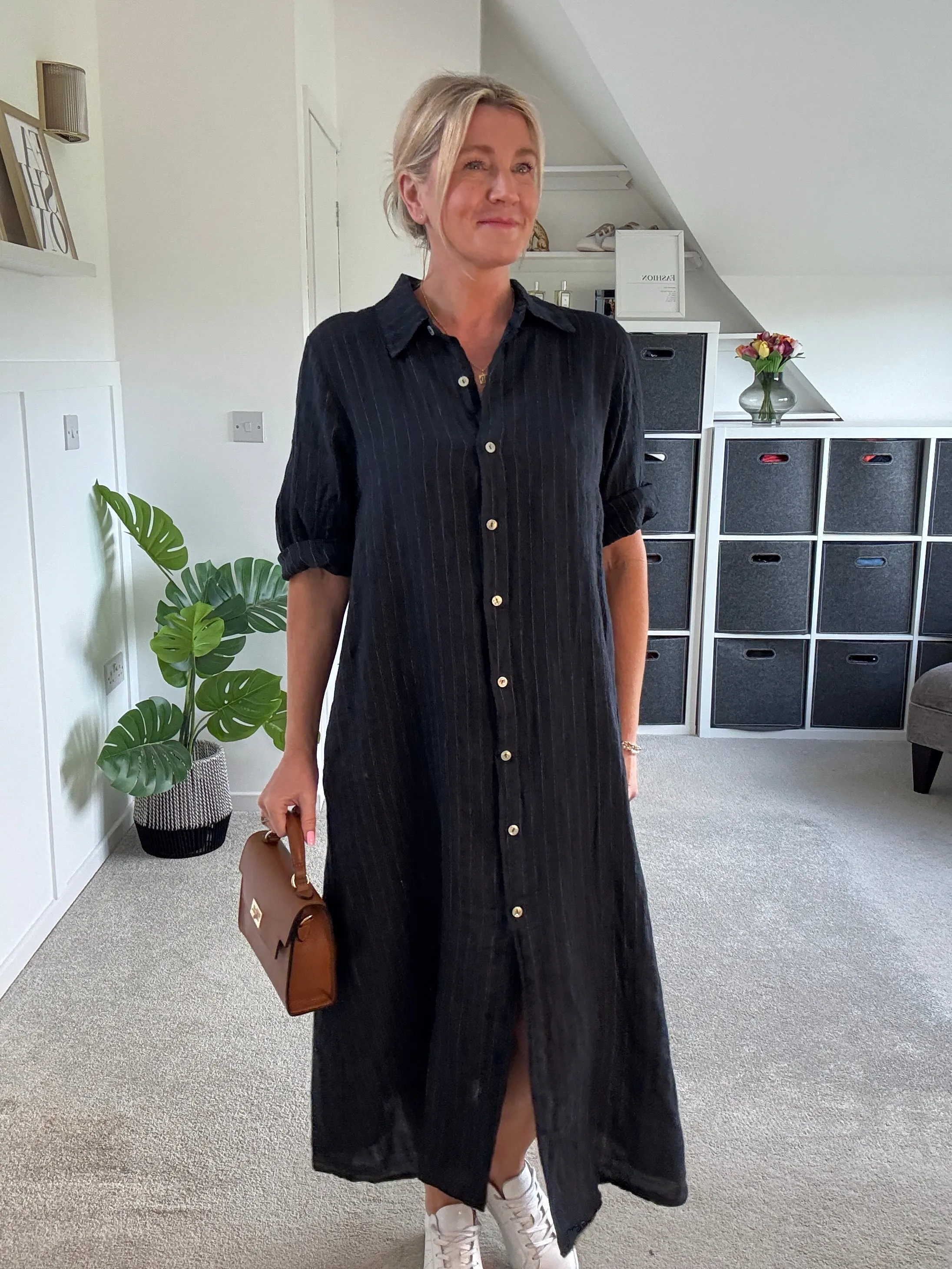 Pink Pinstripe Linen Shirt Dress