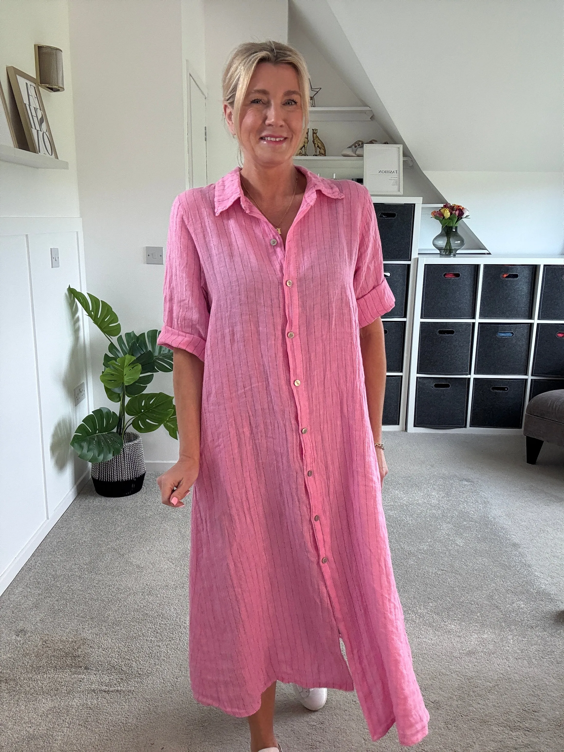 Pink Pinstripe Linen Shirt Dress
