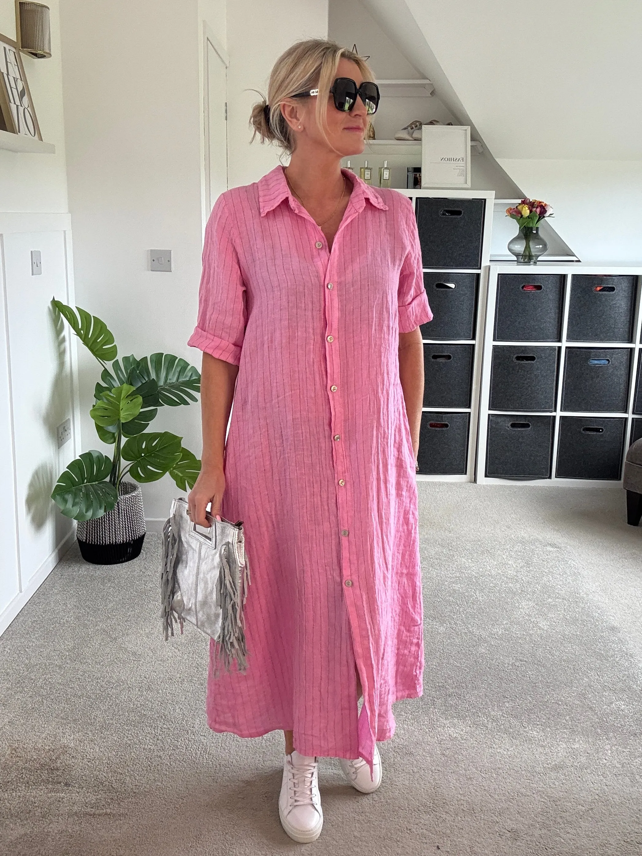 Pink Pinstripe Linen Shirt Dress