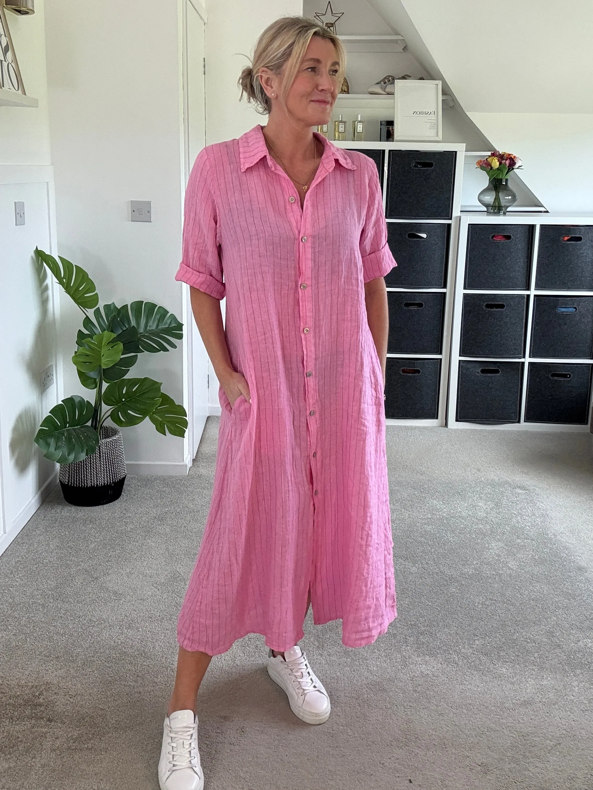 Pink Pinstripe Linen Shirt Dress