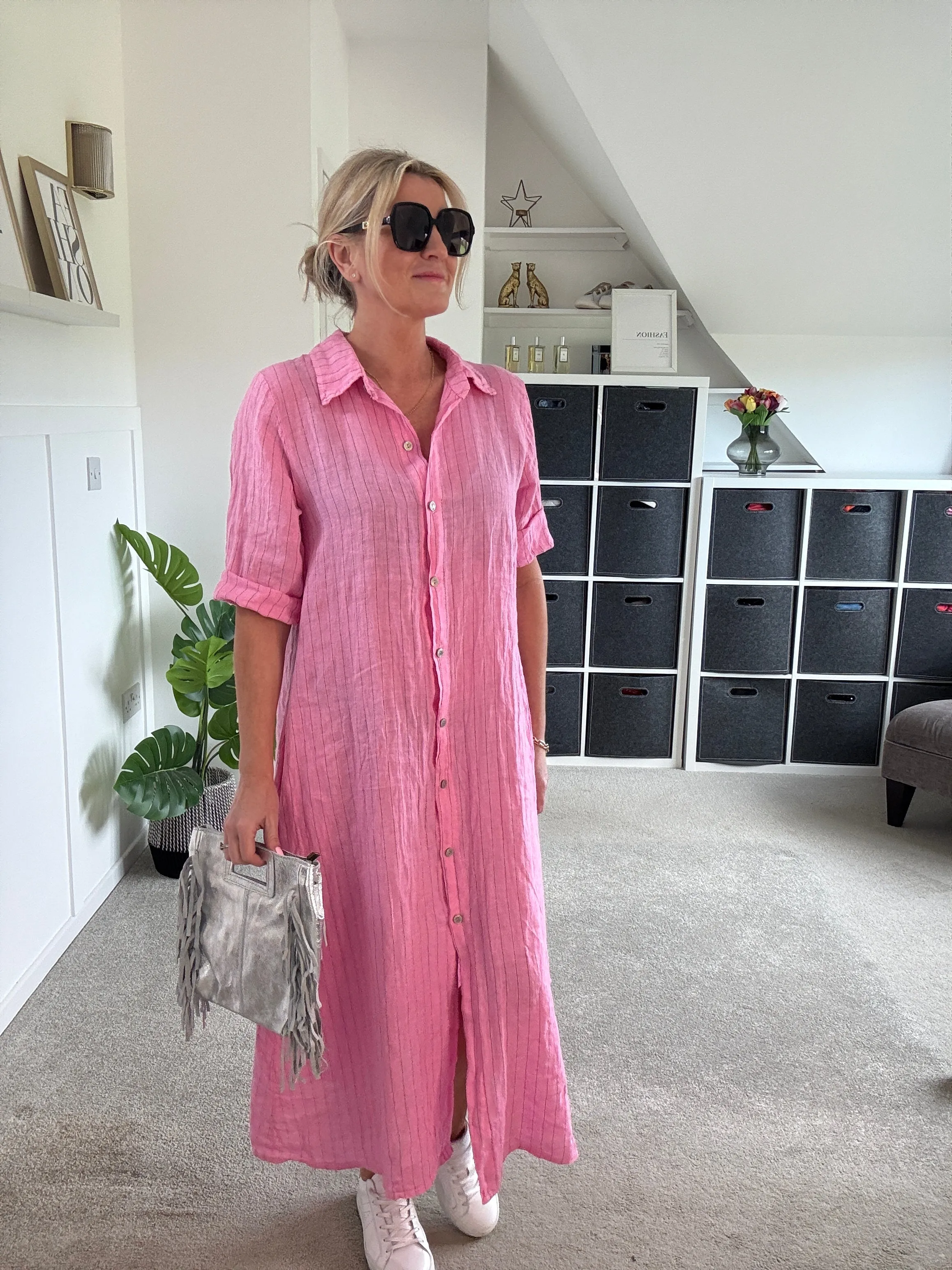 Pink Pinstripe Linen Shirt Dress