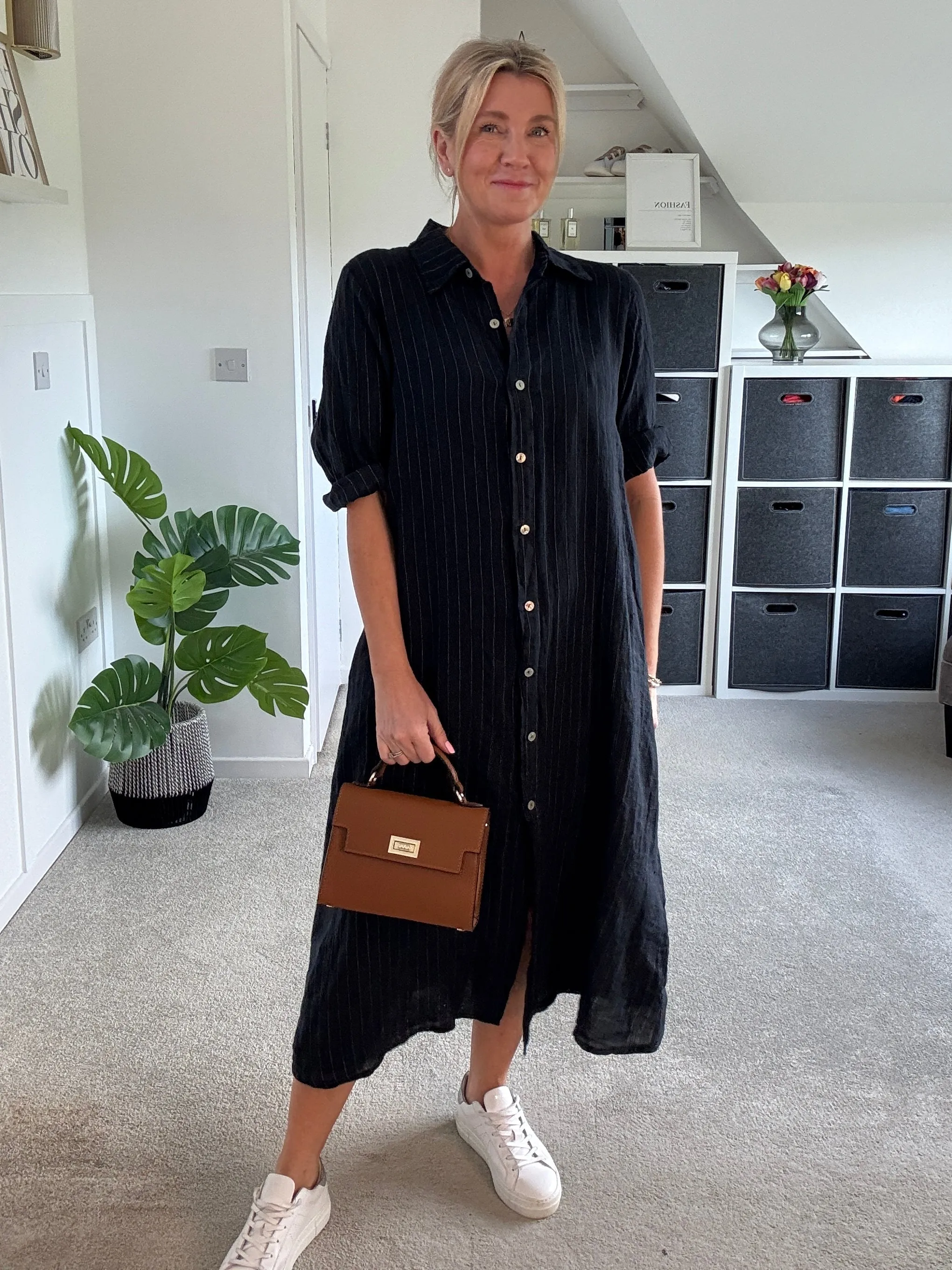 Pink Pinstripe Linen Shirt Dress