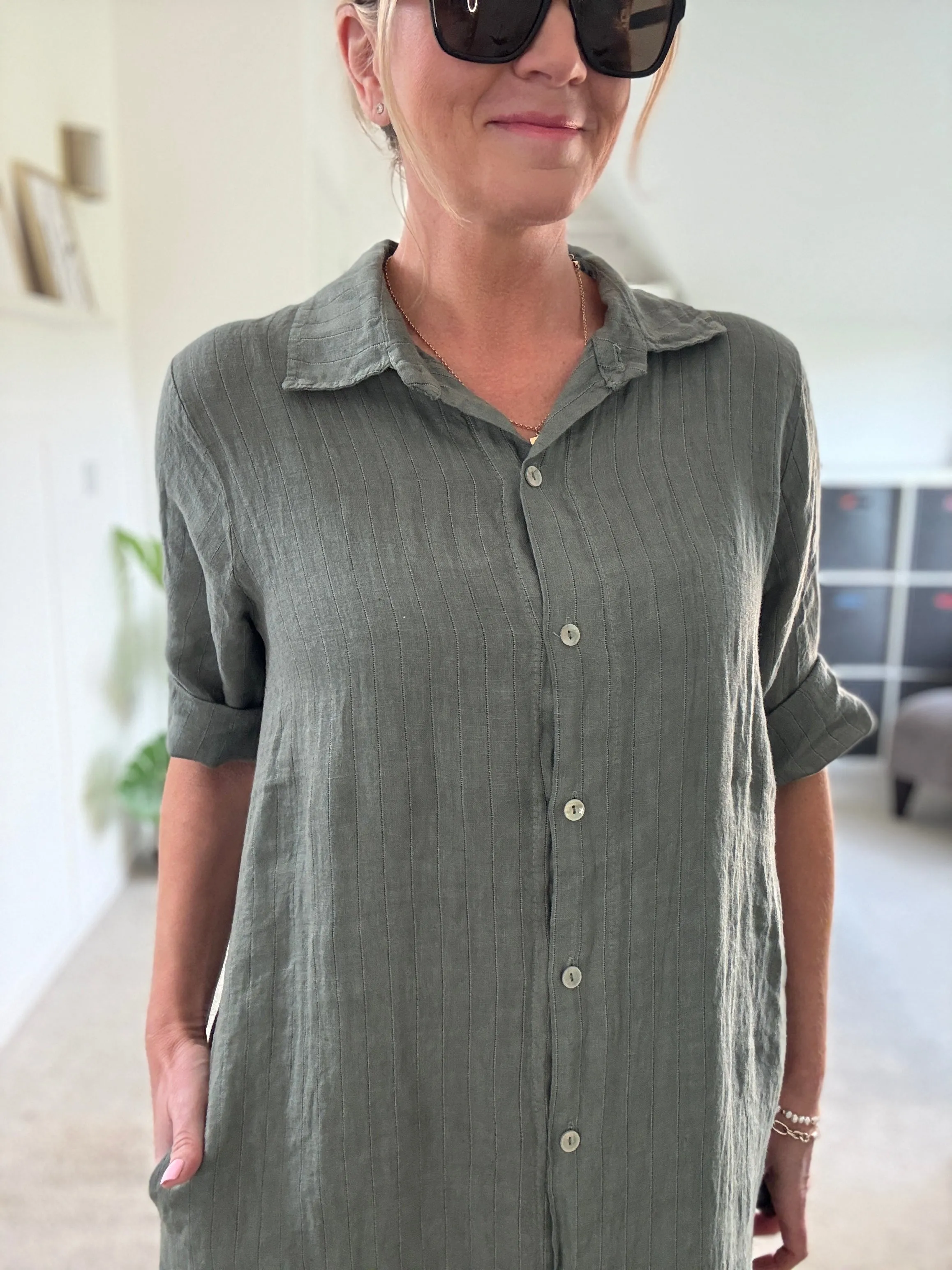 Pink Pinstripe Linen Shirt Dress