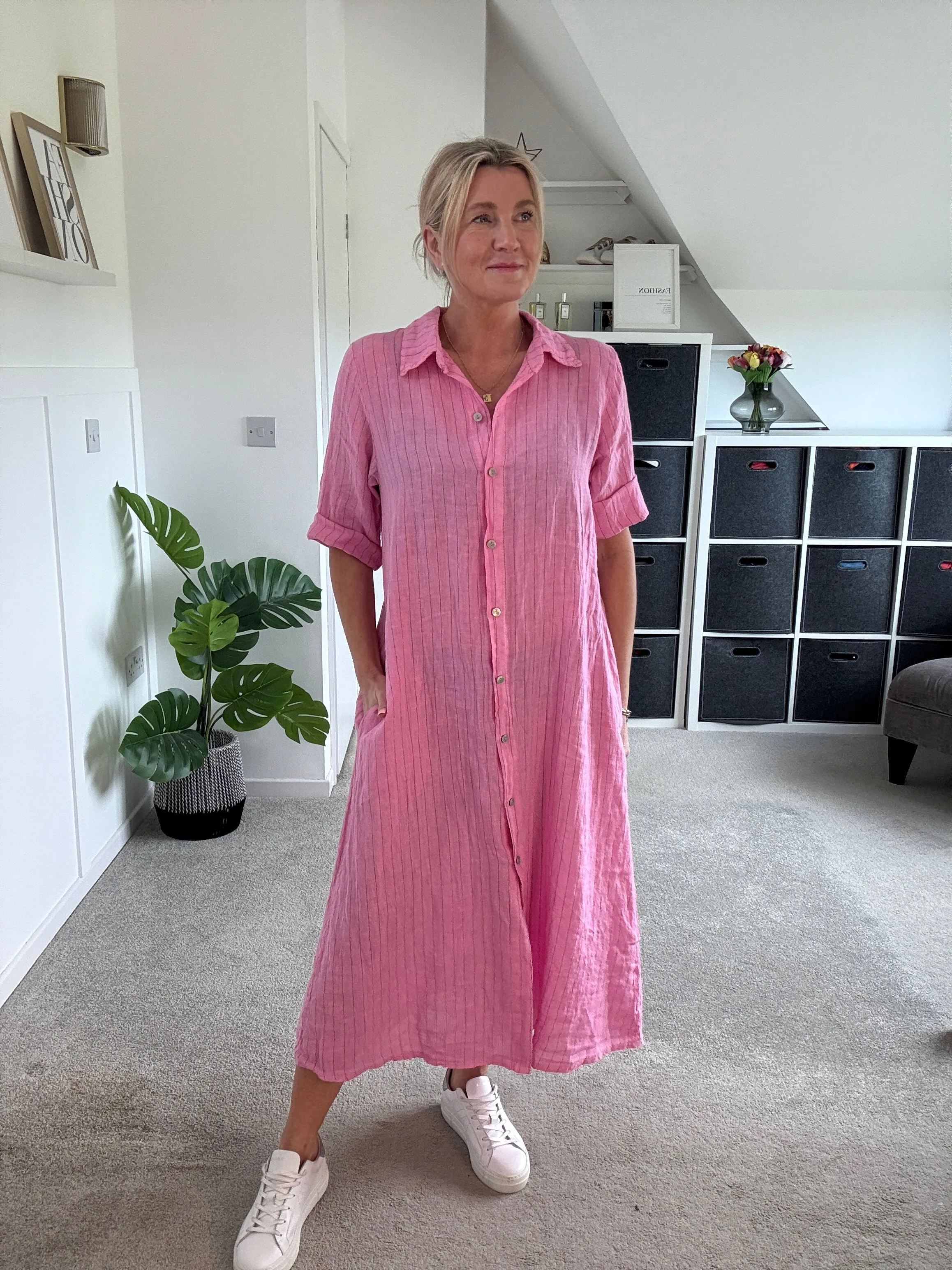 Pink Pinstripe Linen Shirt Dress