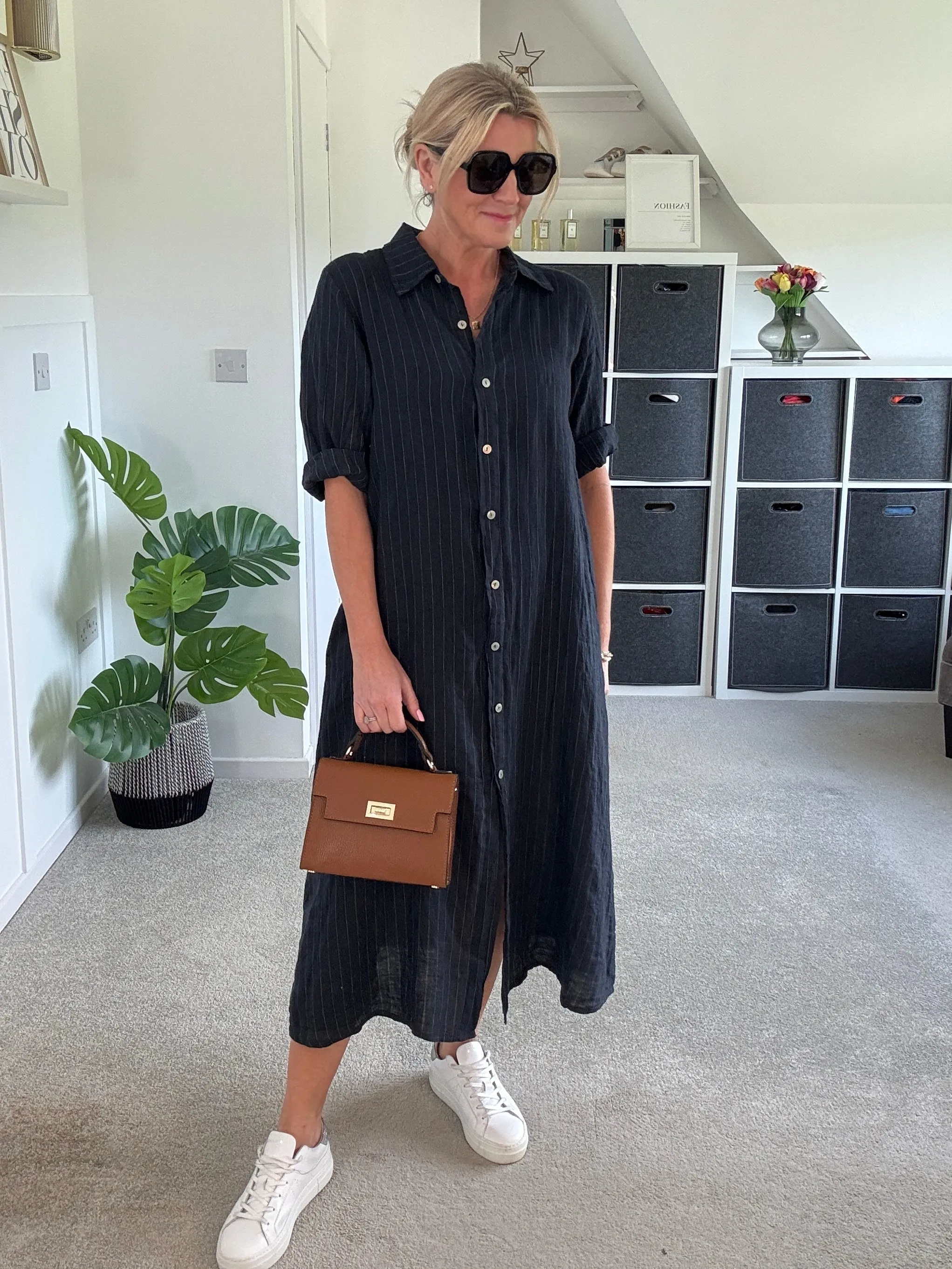 Pink Pinstripe Linen Shirt Dress