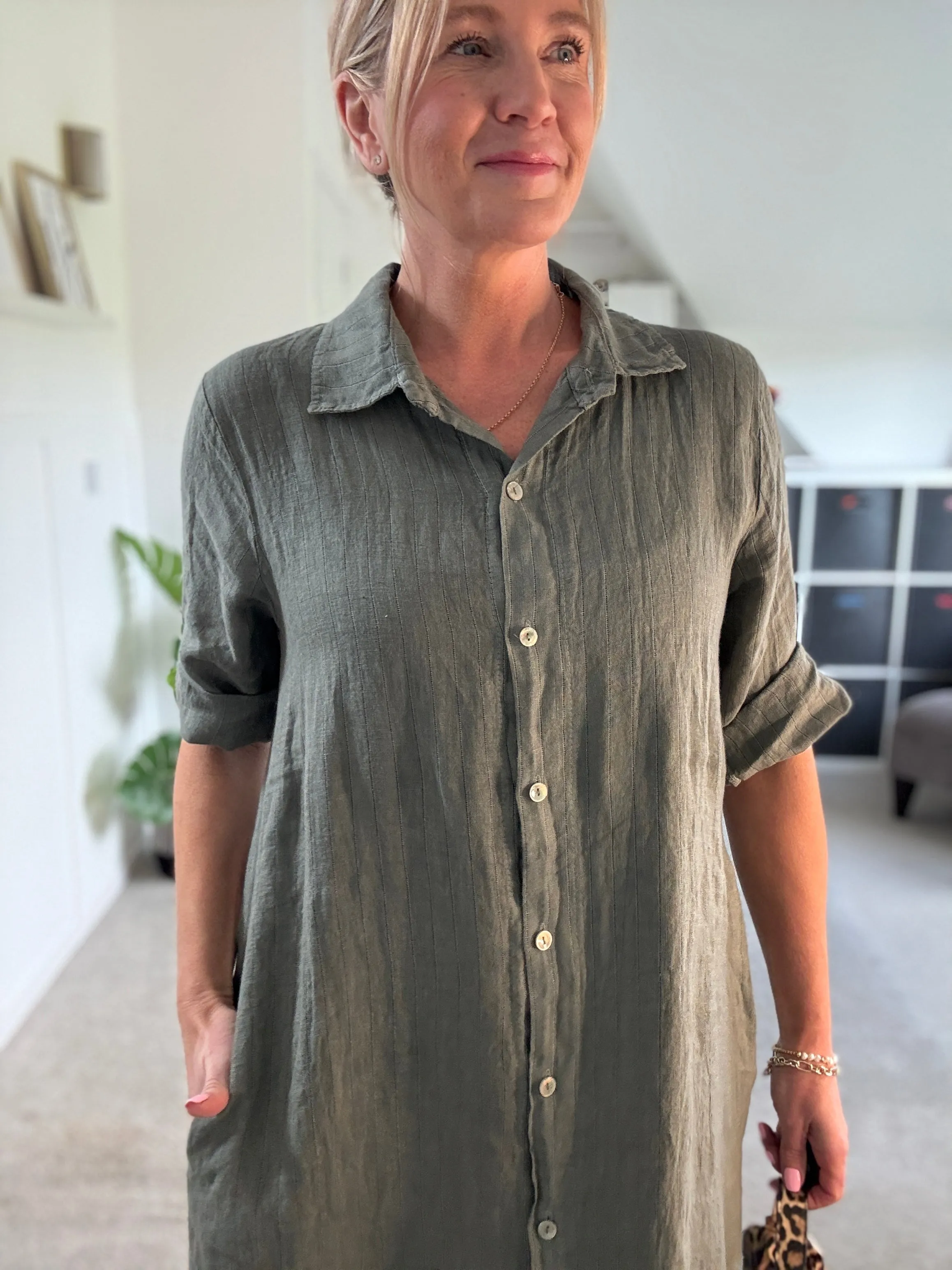 Pink Pinstripe Linen Shirt Dress