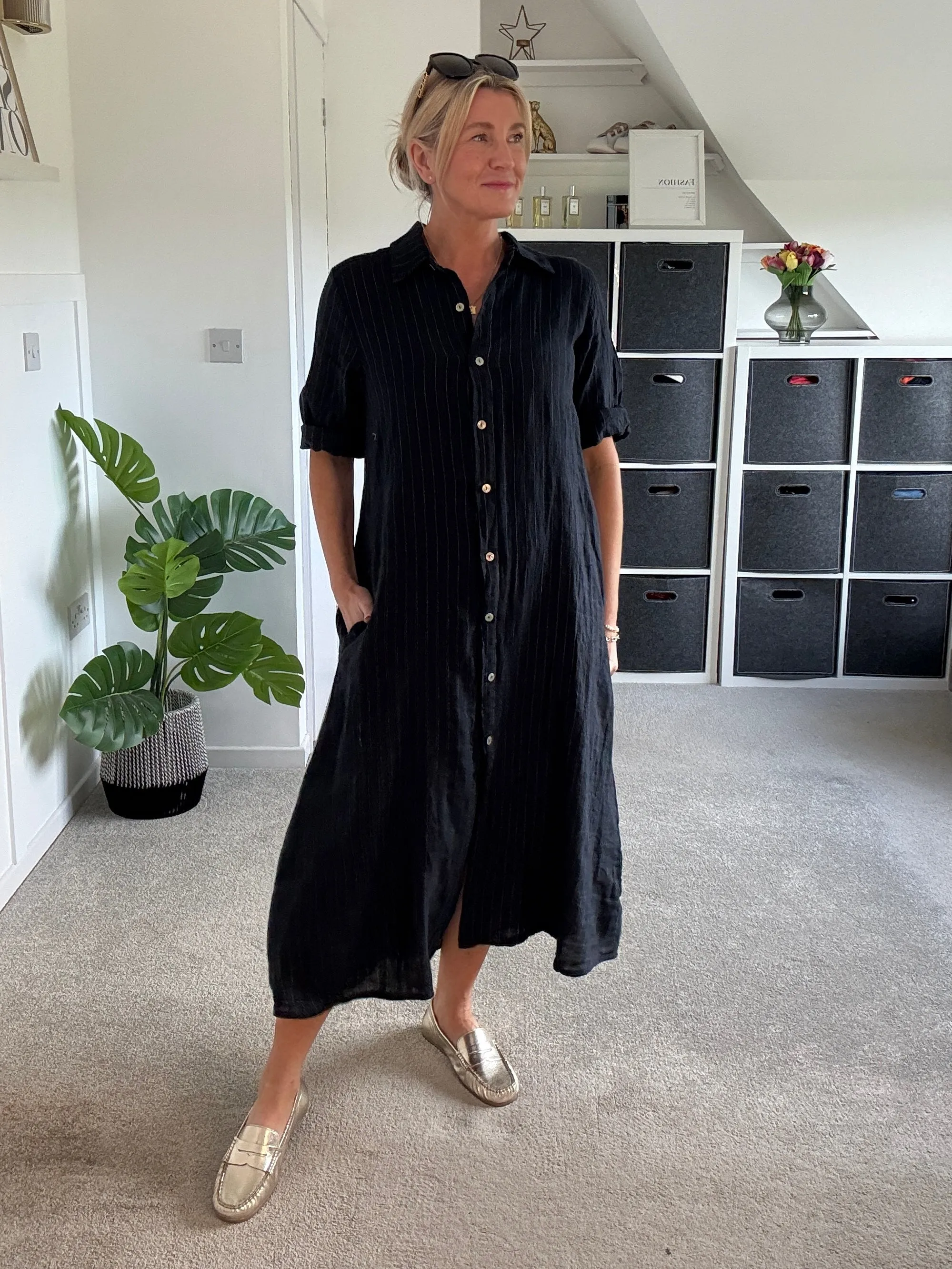Pink Pinstripe Linen Shirt Dress