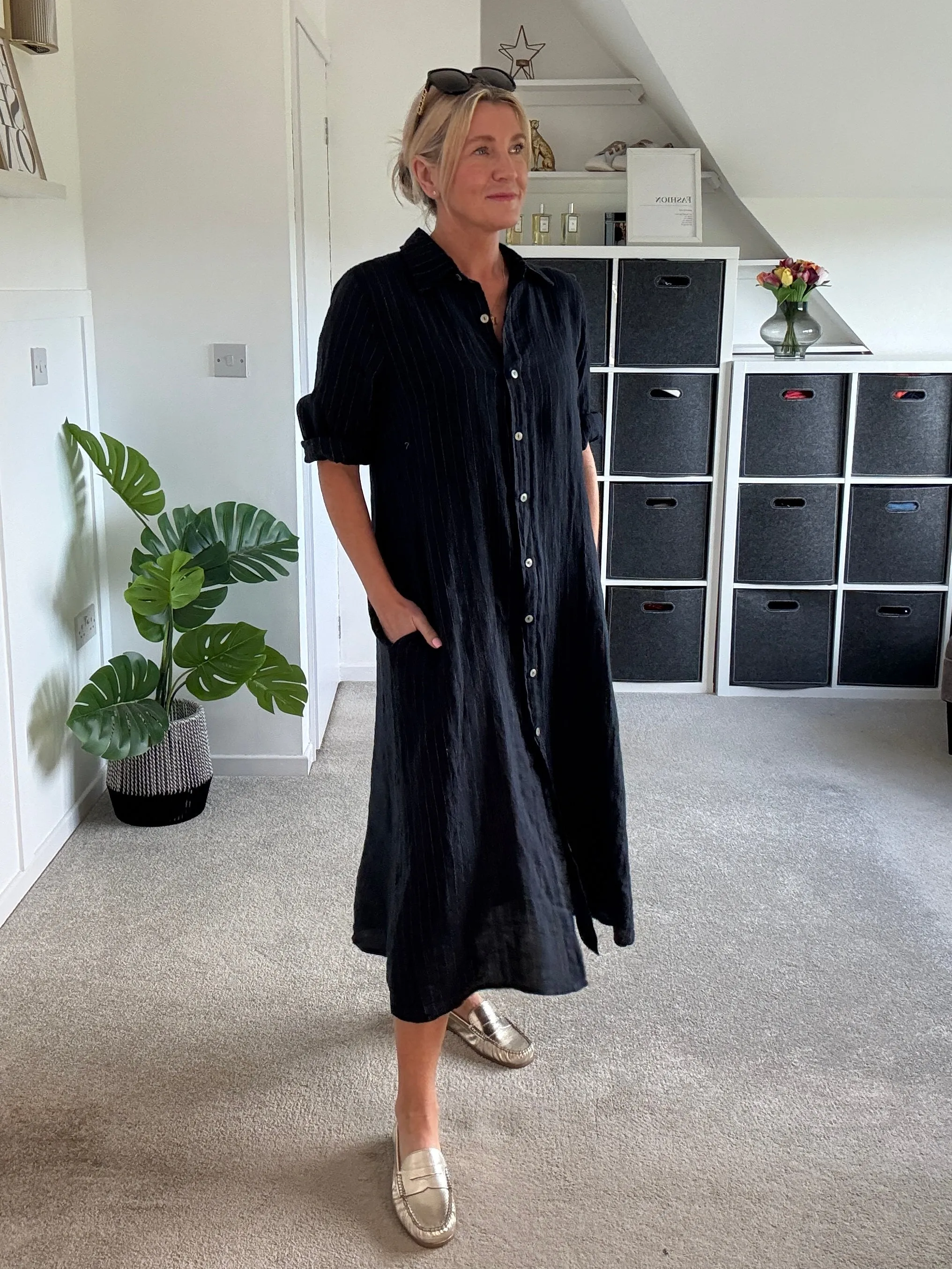 Pink Pinstripe Linen Shirt Dress